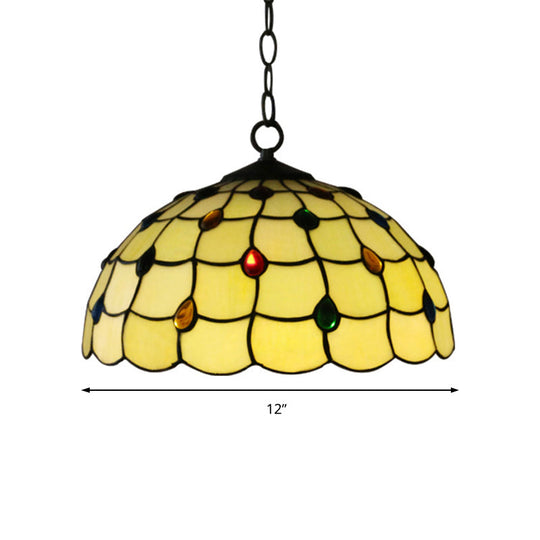 Tiffany Beige Stained Glass Stair Pendant Light With Beaded Shade