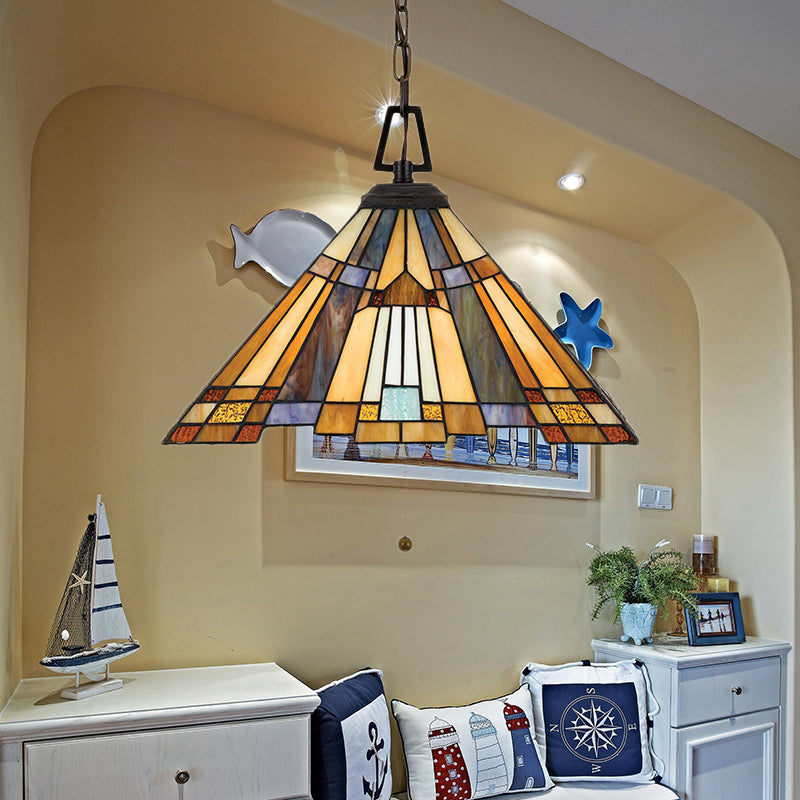 8’/12’/16’ Wide Tapered Tiffany Stained Glass Pendant Lamp With Amber Bulb For Bedroom / 8’
