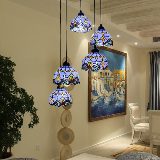 Baroque Style Glass Bell Cascade Pendant Light - Blue/Beige Shade For Dining Room Lighting Blue