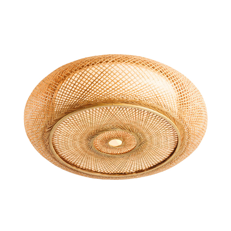 Handcrafted Bamboo Flush Mount Ceiling Light - 3-Light Beige Round Shade Fixture 16’/19.5’