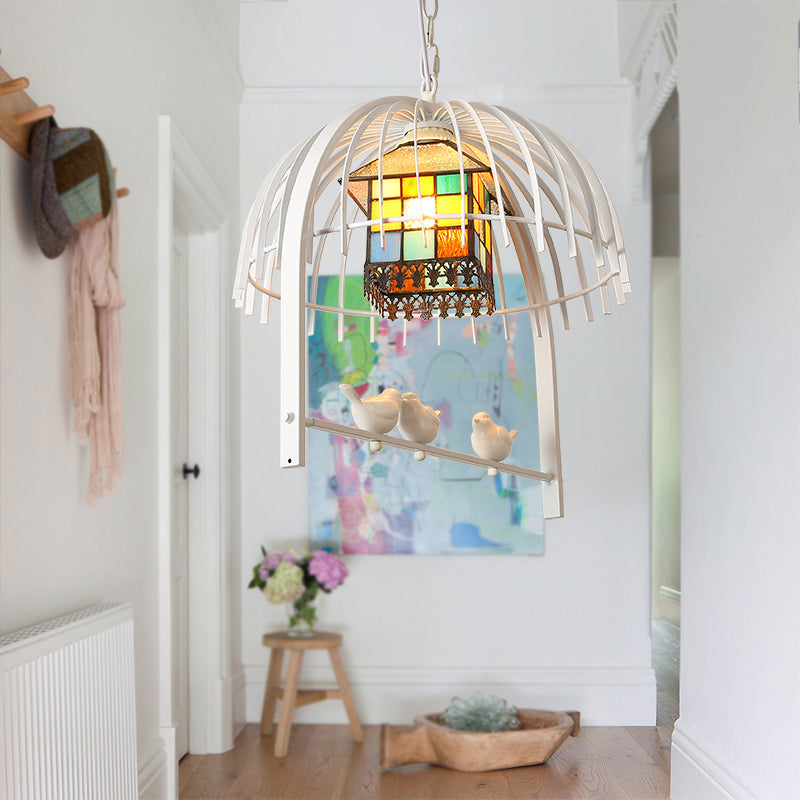 Tiffany Style White Bird Cage Pendant Light With Stainless Glass Ceiling Lamp