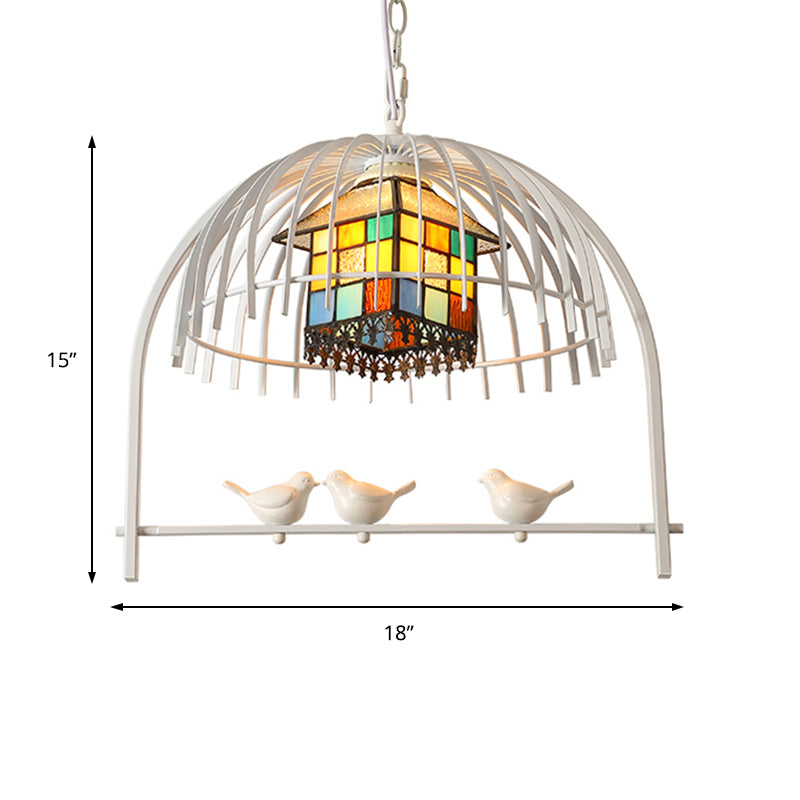 Tiffany Style White Bird Cage Pendant Light With Stainless Glass Ceiling Lamp
