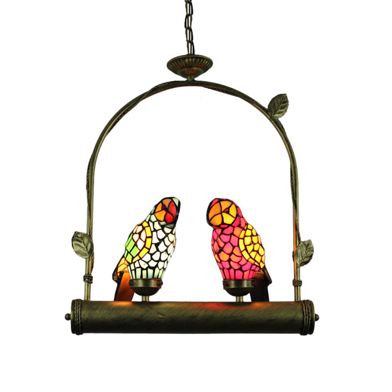 Tiffany Style Parrot Ceiling Light With Swing Perch - Blue/Pink & Red/Yellow Stainless Glass