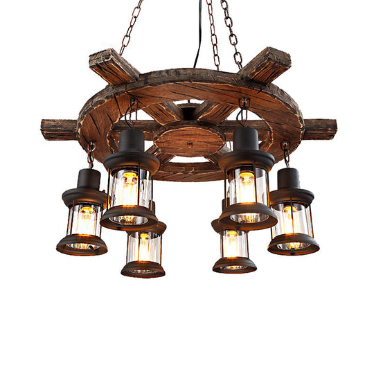 Coastal Metal Lantern Restaurant Chandelier - 6-Light Black Pendant Lamp With Wooden Rudder