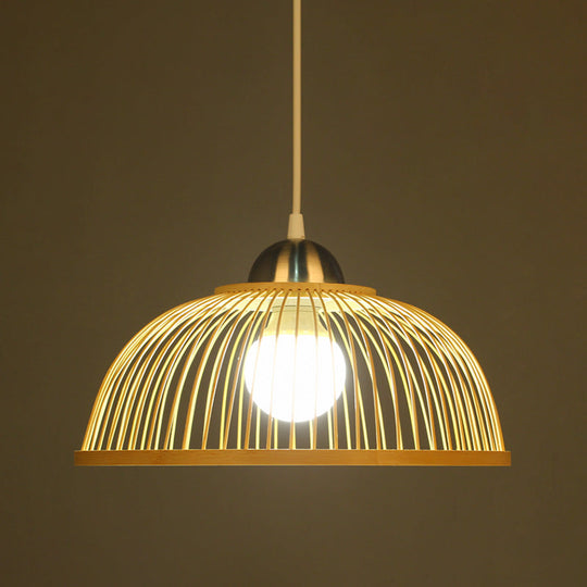 Asian Style Bamboo Dome Pendant Light For Tearoom - Single Bulb Beige