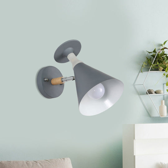 Nordic Iron Single Bulb Sconce Light - Rotatable Cone Wine Cup Wall Mounted Lamp With Wood Accent
