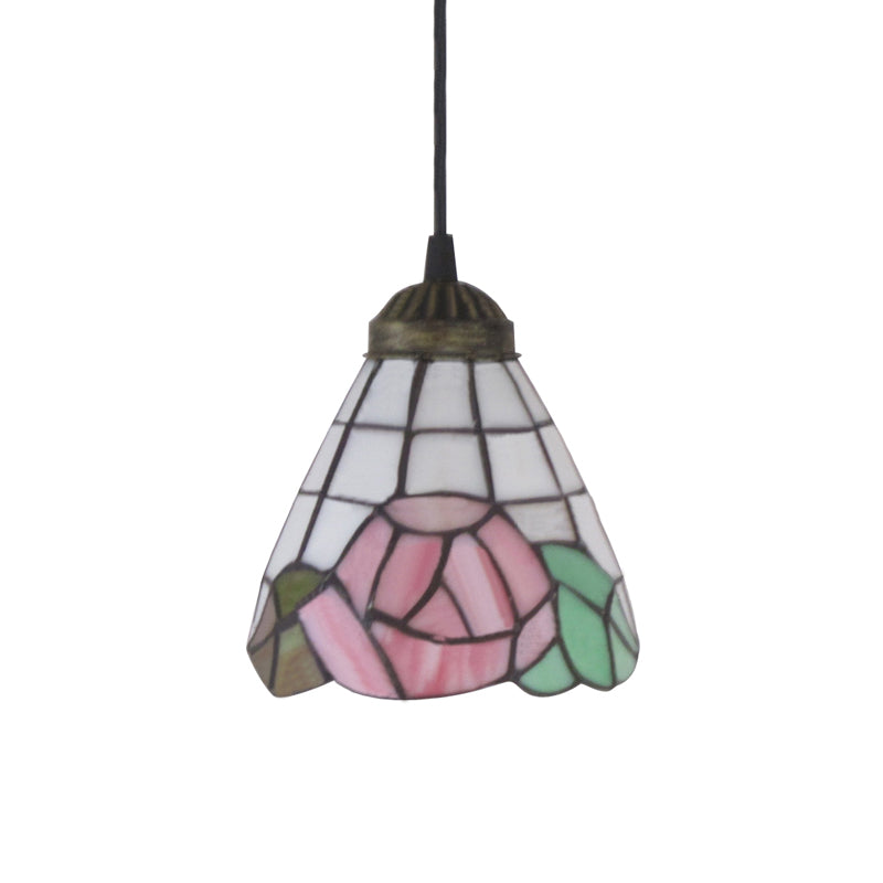 Tiffany-Style Pink Stained Glass Pendant Light - Cone Design 1 Head Elegant Hanging Fixture