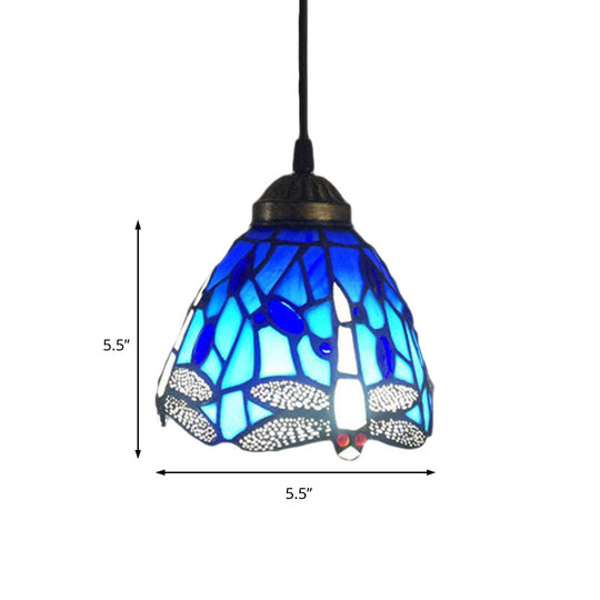 Dragonfly Stained Glass Pendant Light - Traditional Classic 1 Head Blue Small For Bar