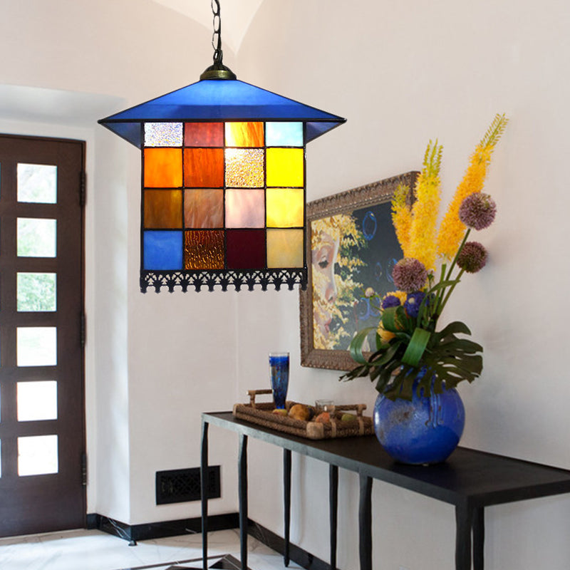 Tiffany-Style Blue Glass Pendant Lamp With Stainless Steel Shade - 6’ And 8’ Width Options /