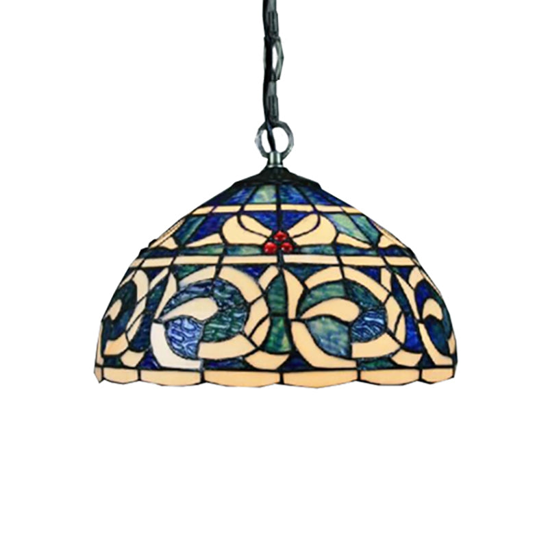 Blue Stained Glass Dome Suspension Light For Restaurant - Retro Tiffany Loft Style