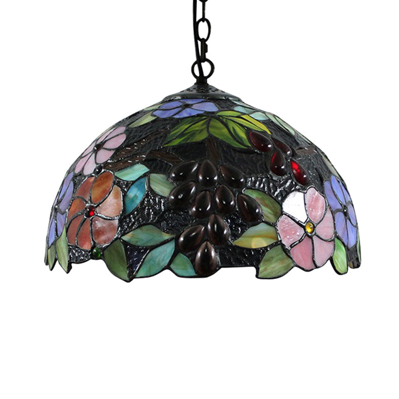 Victorian Floral Black Stained Glass Pendant Light With Adjustable Metal Chain