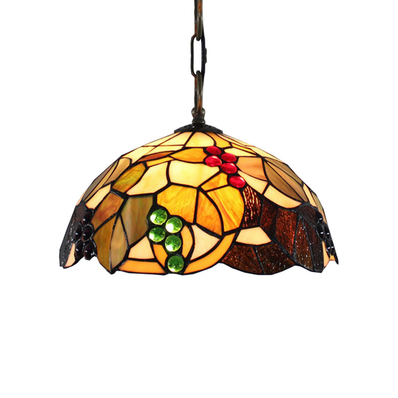 Tiffany-Style Grape Pendant Lighting - 12’/16’ Wide 1-Head Brown Cut Glass Ceiling Light