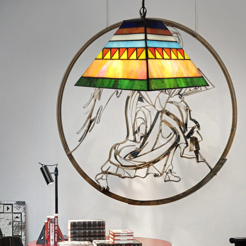 Tiffany Geometric Stained Glass Ceiling Lamp - Single Light Pendant For Bedroom (Pink/Green)