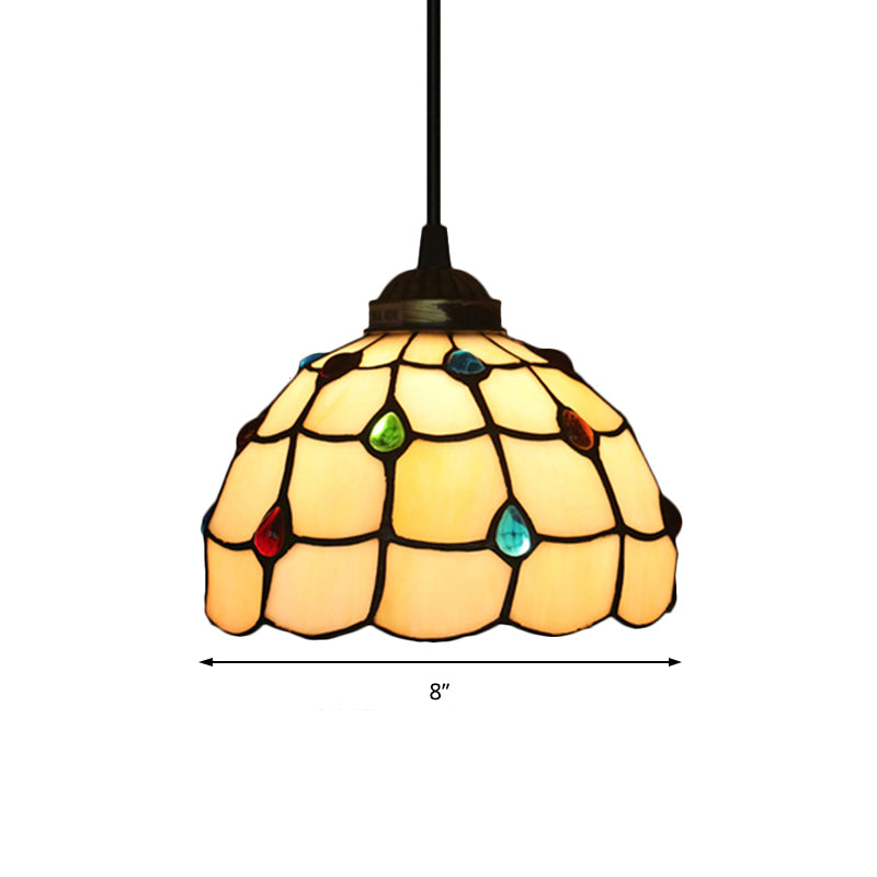 Beige Stained Glass Pendant Lamp With Beaded Detailing - Tiffany Hanging Light Kit For Study