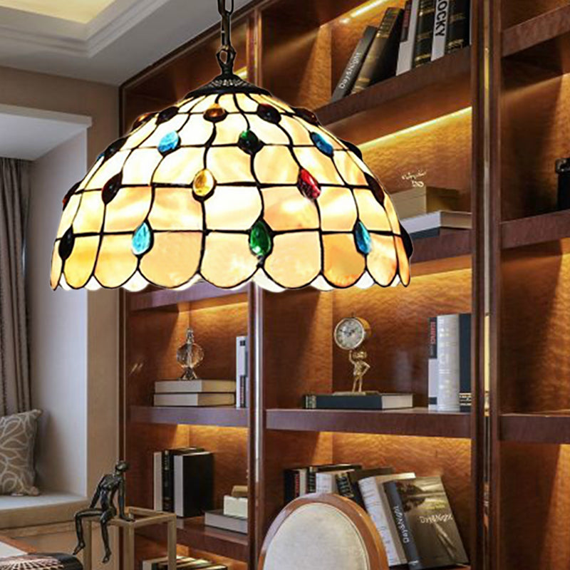 Beige Stained Glass Pendant Lamp With Beaded Detailing - Tiffany Hanging Light Kit For Study