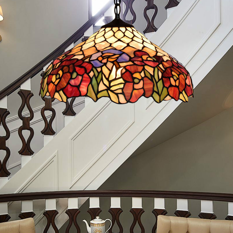 1-Bulb Tiffany-Style Wide Flare Pendant Light - Black Stained Art Glass Hanging Ceiling Lighting