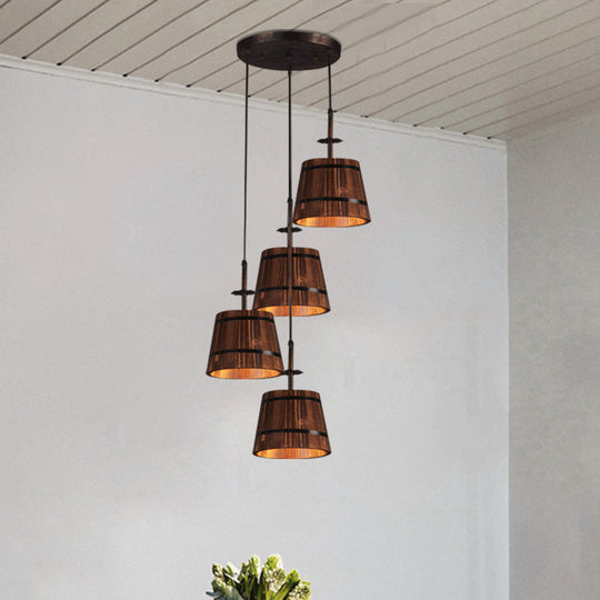 Rustic Wood Pendant Light With 4 Hanging Lamps - Coolie Shade For Restaurants In Brown