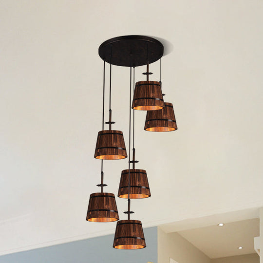 Industrial 6-Light Wooden Tapered Shade Pendant Light In Brown For Coffee Shop