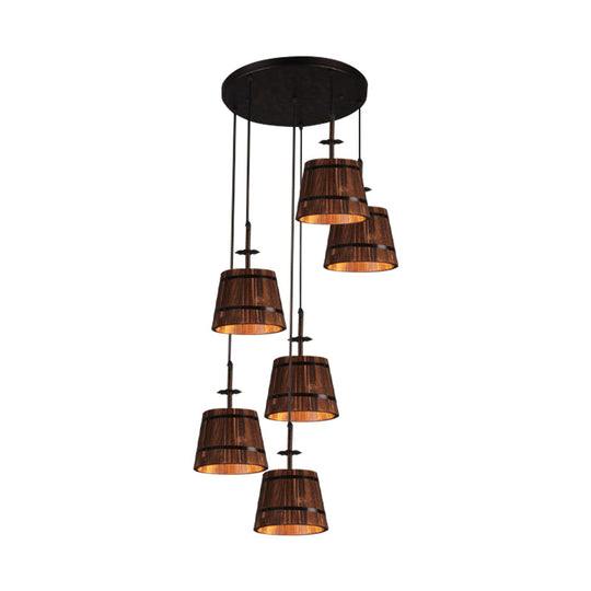 Industrial 6-Light Wooden Pendant For Coffee Shops - Tapered Brown Shades