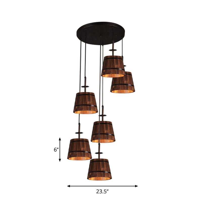 Industrial 6-Light Wooden Tapered Shade Pendant Light In Brown For Coffee Shop