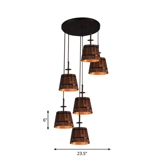 Industrial 6-Light Wooden Tapered Shade Pendant Light In Brown For Coffee Shop