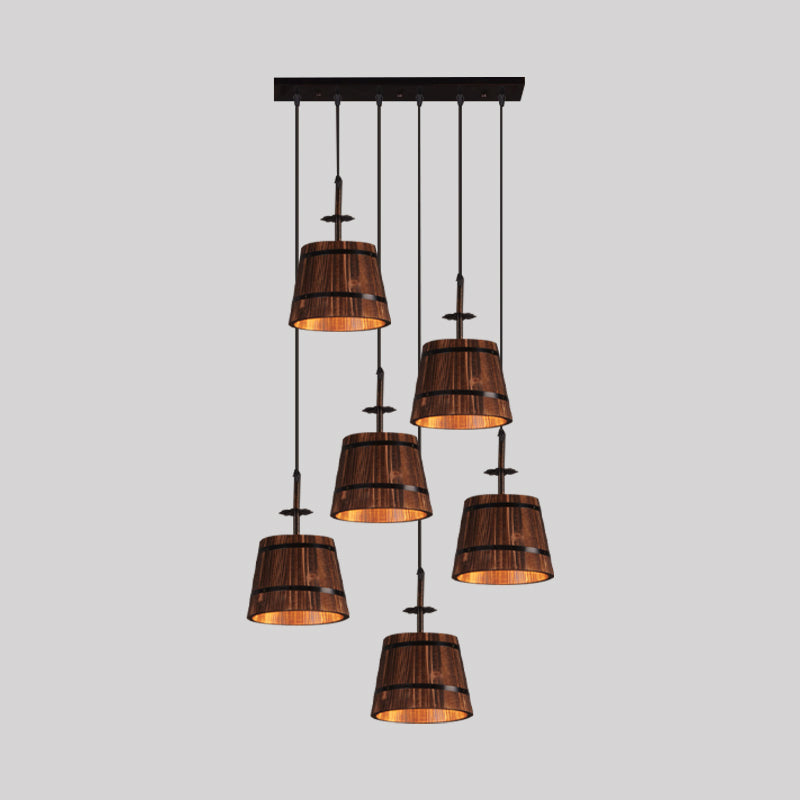 Industrial 6-Light Wooden Pendant For Coffee Shops - Tapered Brown Shades