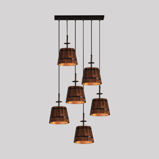 Industrial 6-Light Wooden Pendant For Coffee Shops - Tapered Brown Shades