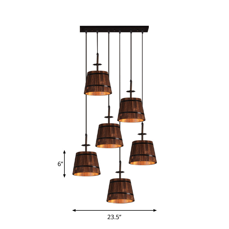 Industrial 6-Light Wooden Tapered Shade Pendant Light In Brown For Coffee Shop