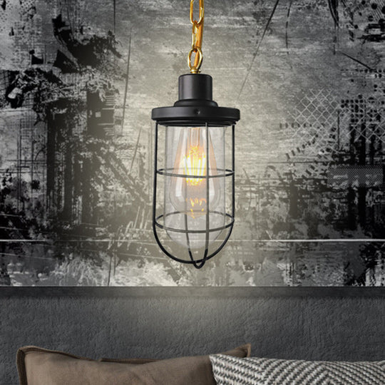 Black Coastal Caged Pendant Lamp Single-Bulb Clear Glass Light Fixture For Bedroom