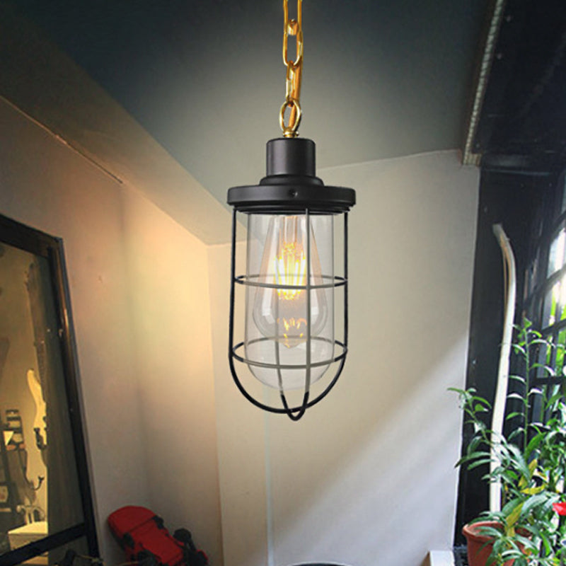 Black Coastal Caged Pendant Lamp Single-Bulb Clear Glass Light Fixture For Bedroom