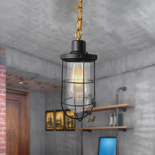 Black Coastal Caged Pendant Lamp Single-Bulb Clear Glass Light Fixture For Bedroom