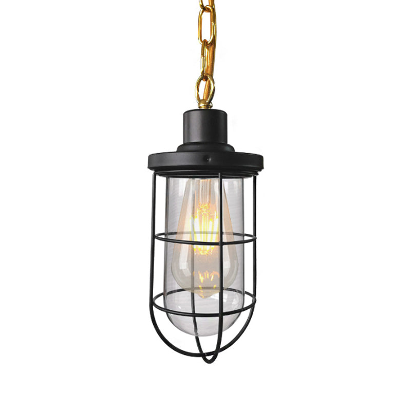 Coastal Black Caged Pendant Lamp With Clear Glass - Single-Bulb Hanging Light Fixture For Bedroom