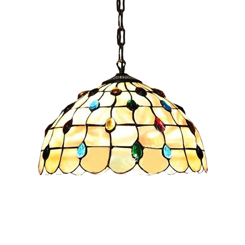 Tiffany-Style Stained Glass Bowl Pendant Lamp With Two Beige Heads And Gemstone Cabochons -