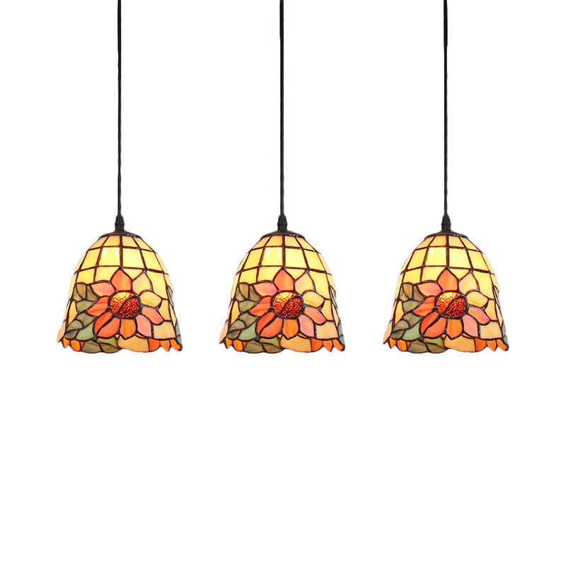 Tiffany Bell Orange Handcrafted Art Glass Pendant Light With 3 Clustered Heads - Unique Suspension