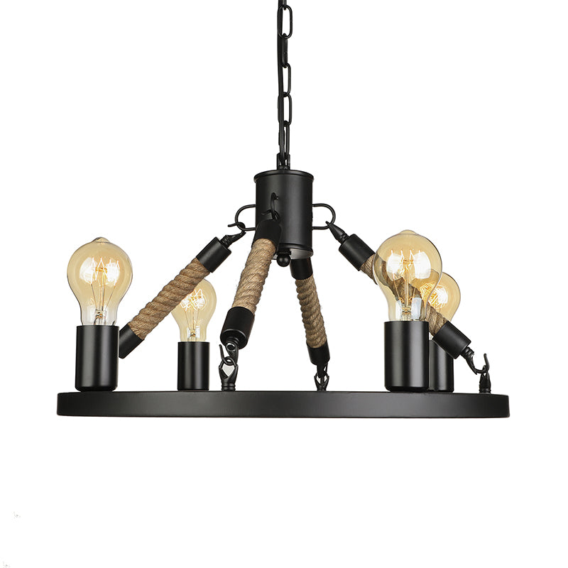 Industrial Black Wrought Iron Chandelier Light With 4 Heads Open Bulb Pendant And Chain