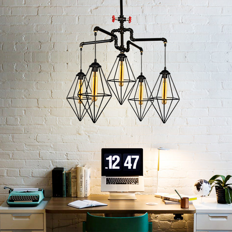 Industrial Style Black Metallic Chandelier With 5-Light Diamond Cage Shade