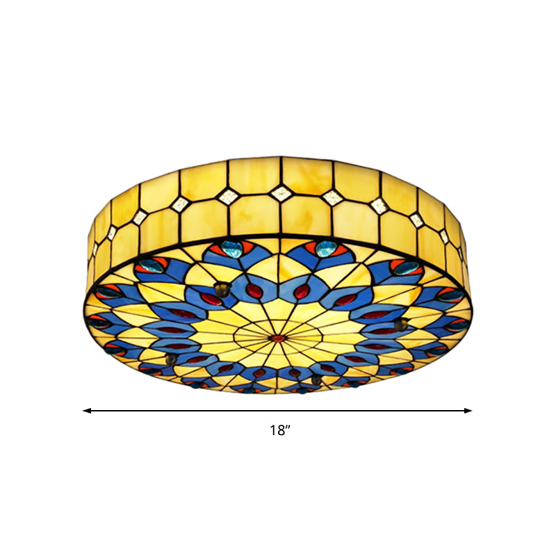 Tiffany Blue Peacock Design Flushmount Ceiling Light For Restaurants - 16/18 Round Shade