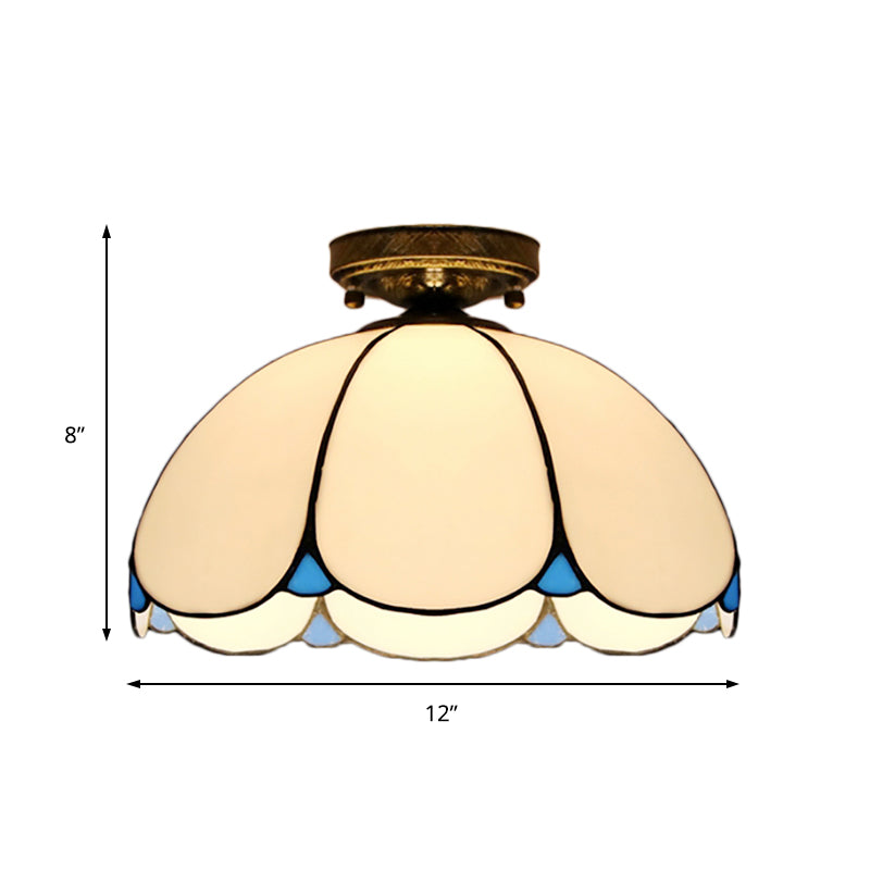 Scalloped Vintage Stained Glass Flush Mount Light - 1 In White/Beige/Blue Perfect For Living Room