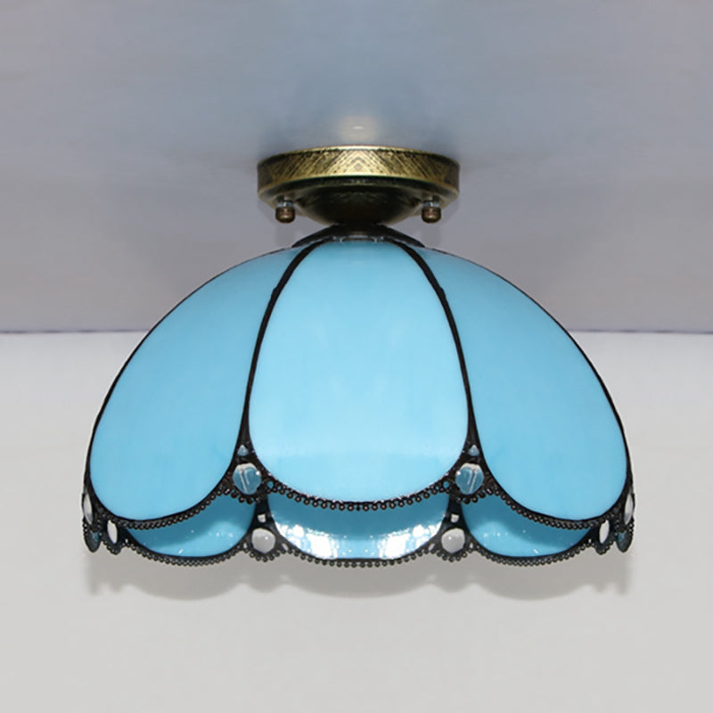 Scalloped Vintage Stained Glass Flush Mount Light - 1 In White/Beige/Blue Perfect For Living Room
