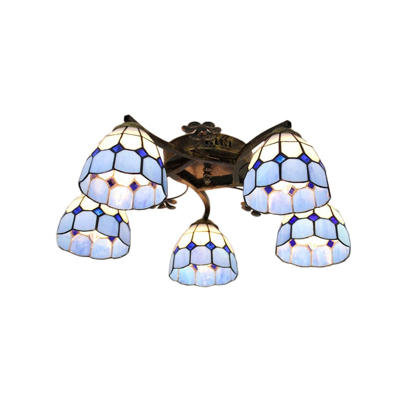 5-Light Tiffany Style Dome Semi Flush Mount Light In White/Clear