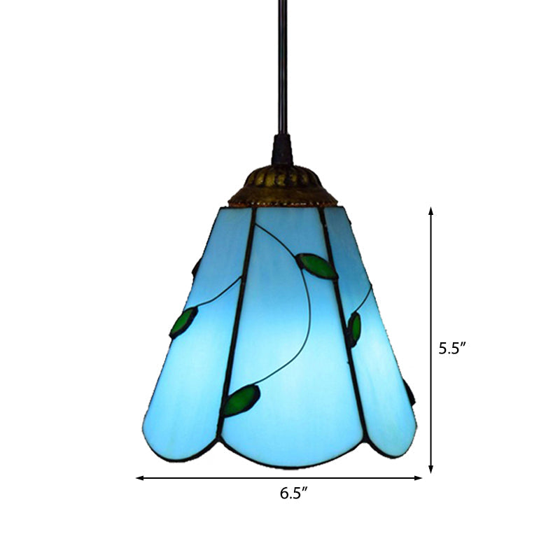 Blue/Beige Stained Glass Conical Tiffany Hanging Lamp - Mini Pendant For Living Room