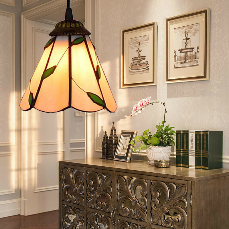 Blue/Beige Stained Glass Conical Tiffany Hanging Lamp - Mini Pendant For Living Room Beige