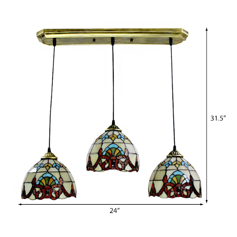 Baroque Style Stained Glass Pendant With 3 Lights - Brown/Black Linear Ceiling Fixture For Dining