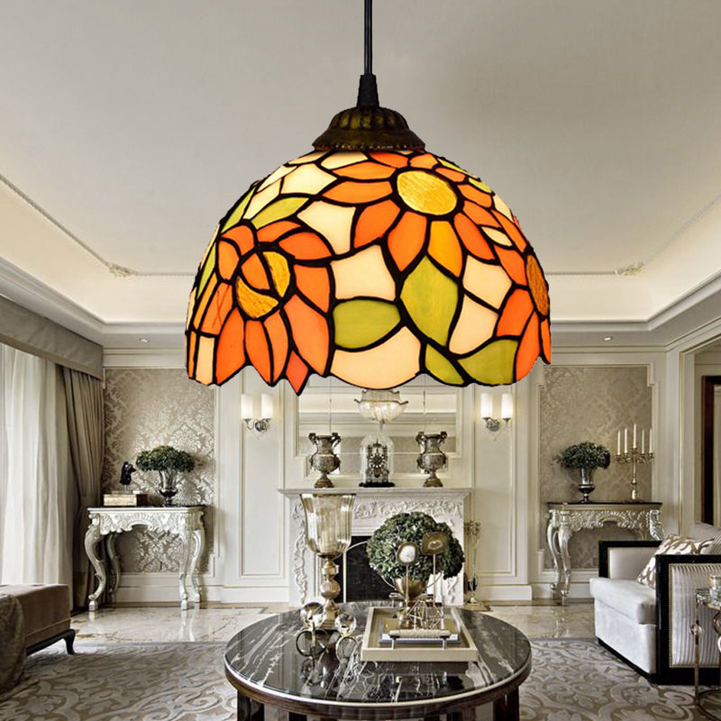 Baroque Orange Living Room Suspension Lighting Fixture With Stained Art Glass Shade
