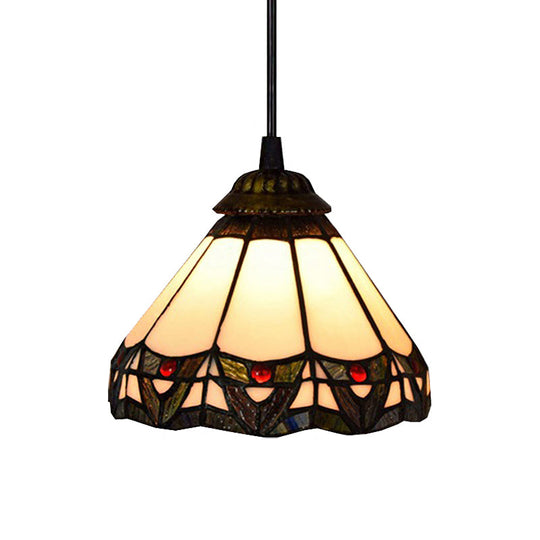 Tiffany Beige Stained Glass Ceiling Pendant Light - Wide Flare Down Lighting For Stairway