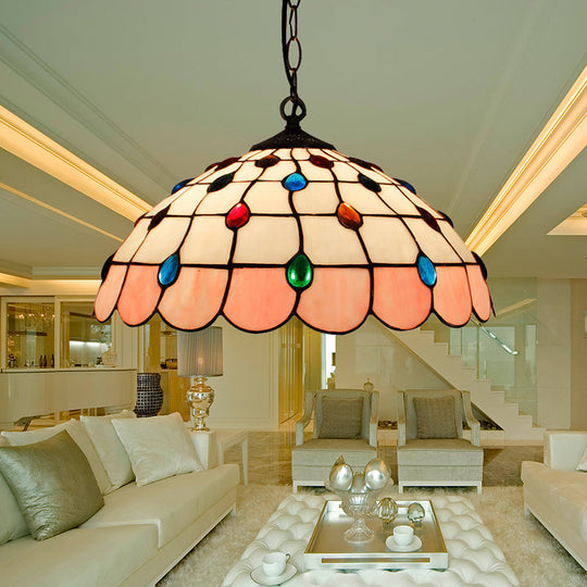 Tiffany Hand Rolled Art Glass Ceiling Light - Single Dome Pendant For Bedroom In Pink/Light