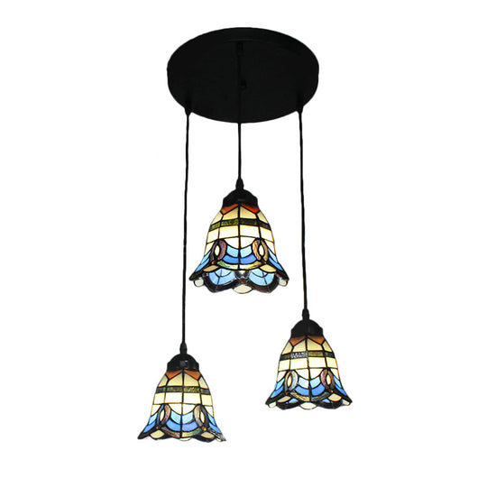 Tiffany Victorian Bell Shade Stained Glass Pendant Light - Blue 3 Heads Hotel Style