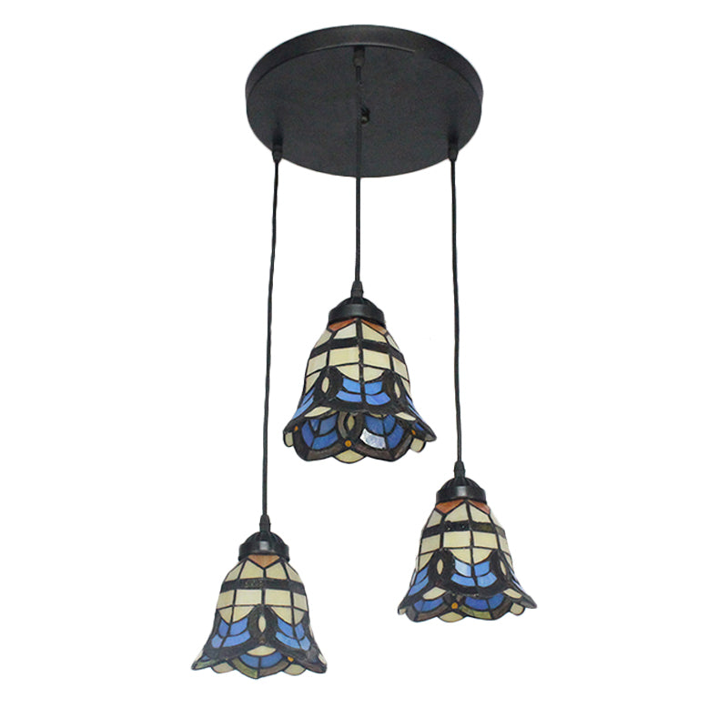 Tiffany Victorian Bell Shade Stained Glass Pendant Light - Blue 3 Heads Hotel Style