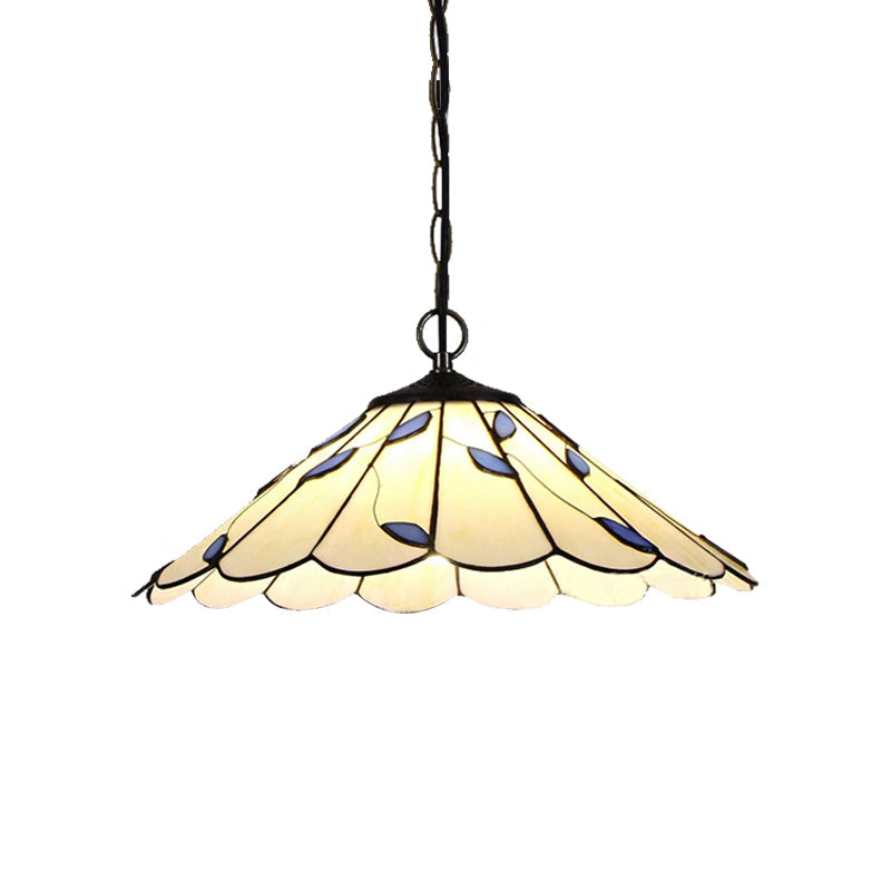 Tiffany-Style Flared Pendant Ceiling Light - Beige Stained Glass With Leaf Pattern
