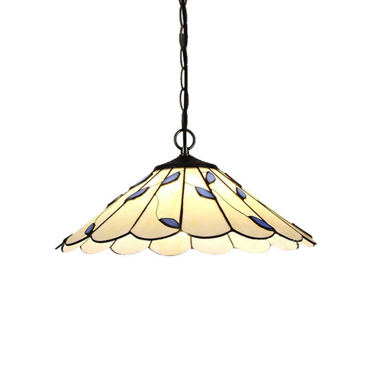 Tiffany-Style Flared Pendant Ceiling Light - Beige Stained Glass With Leaf Pattern